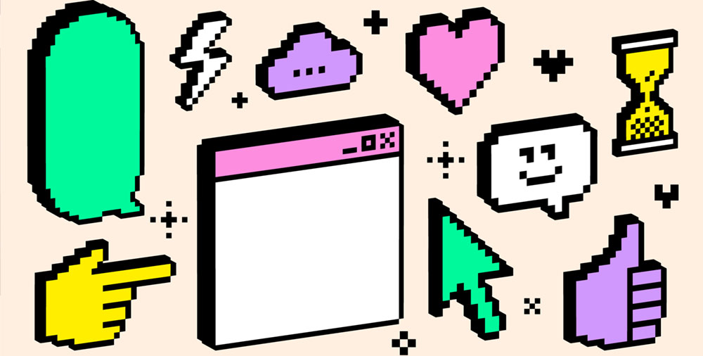 Pixelated icons of various computer-related items, such as a cursor, pointer, screen, and hour glass.